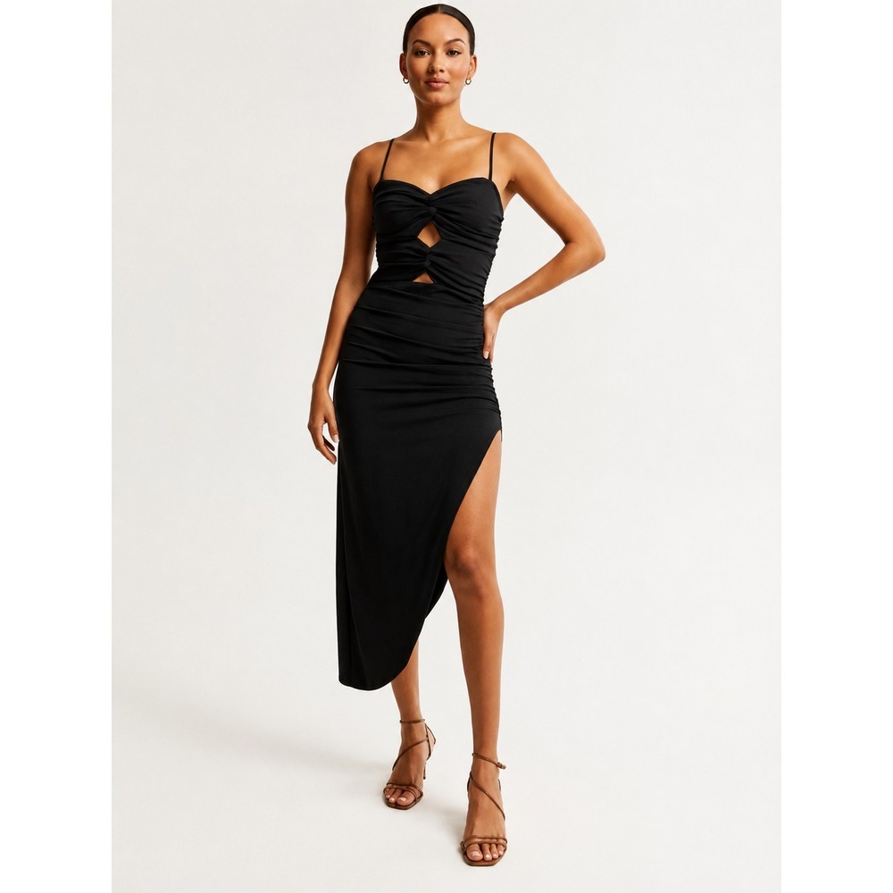 Abercrombie Black Cocktail Dress Sz M Ruched Cutout Asymmetrical Hem Midi Sexy